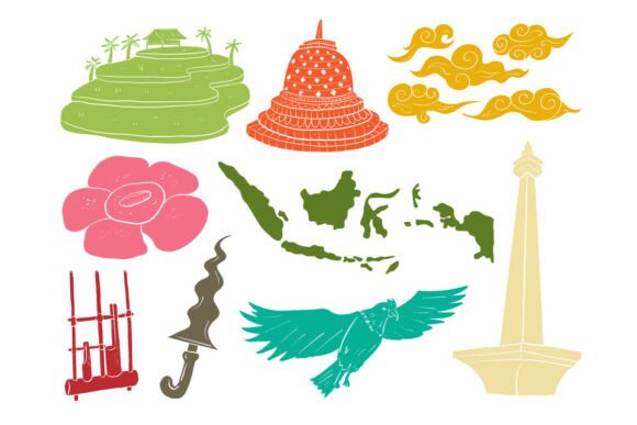 Indonesia Culture Graphics: Borobudur, Monas & Garuda Illustrations