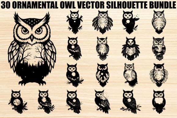 Ornamental Owl Silhouette Bundle: Elegant Graphics for Branding and Illustrations