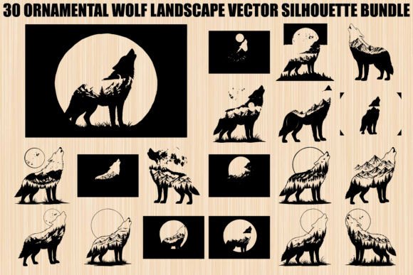Ornamental Wolf Landscape Bundle: Bold Graphics for Nature-Themed Editorial and Web Design