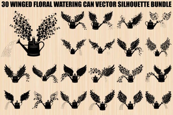 Winged Watering Can Silhouette Bundle: Elegant Graphics for Creative Branding and Illustrations